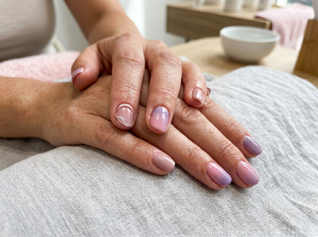 manos con hiperhidrosis mostrando humedad alrededor de las uñas con gel levantándose