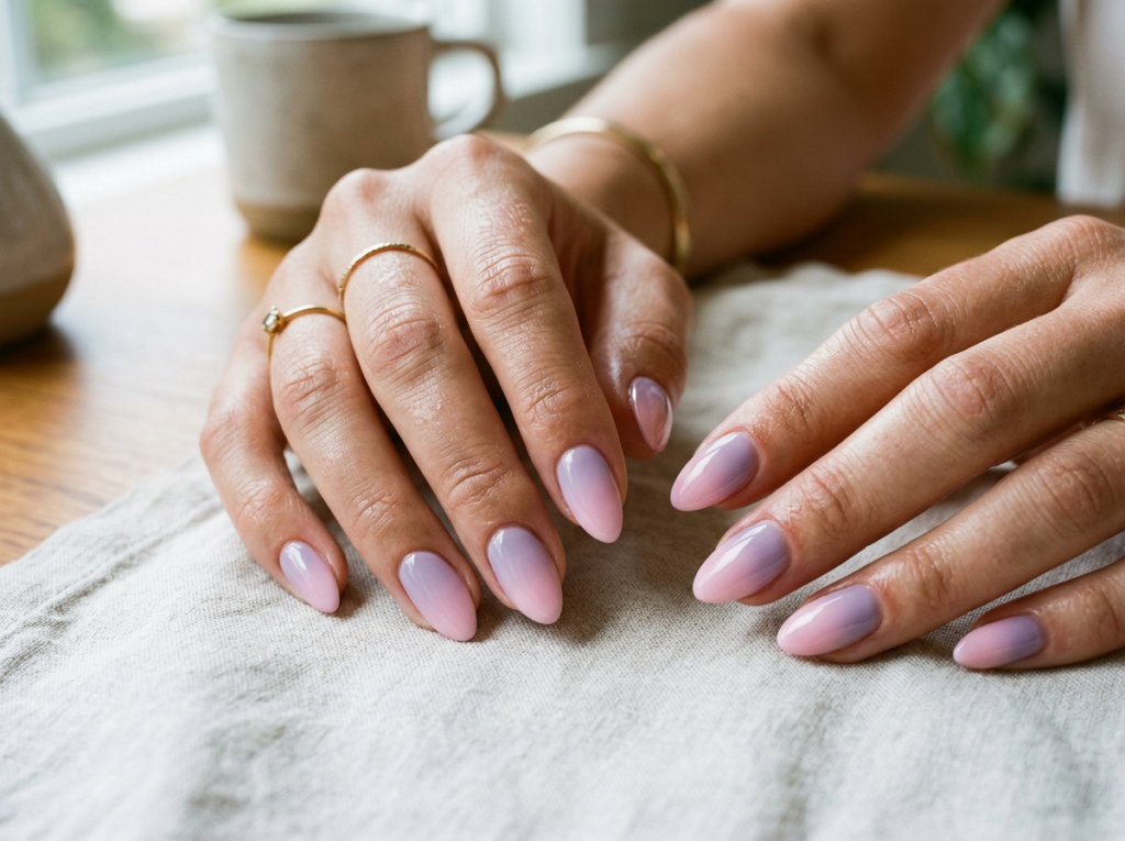 uñas en gel perfectamente adheridas en manos con tendencia a sudar después de preparación correcta