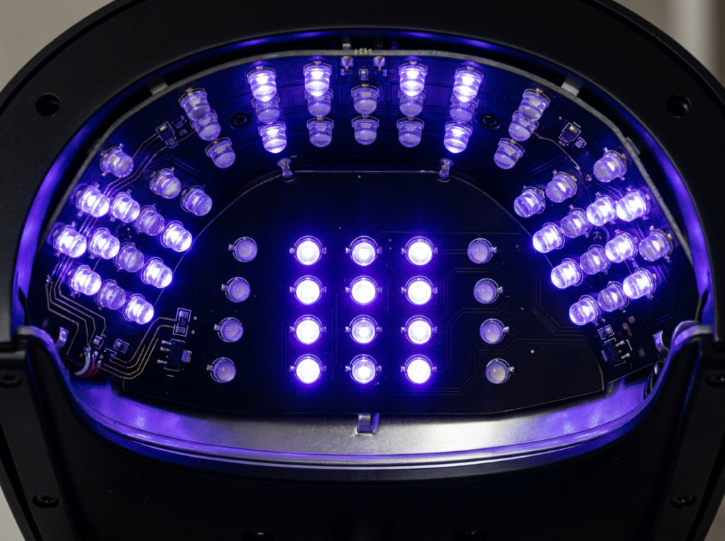 interior de lámpara LED para uñas mostrando disposición de LEDs con diferente potencia