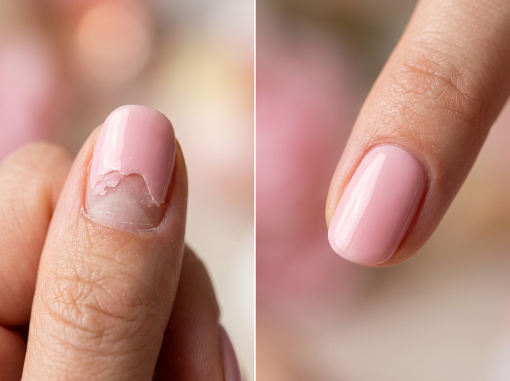 comparación de gel sin primer levantándose vs gel con primer perfectamente adherido