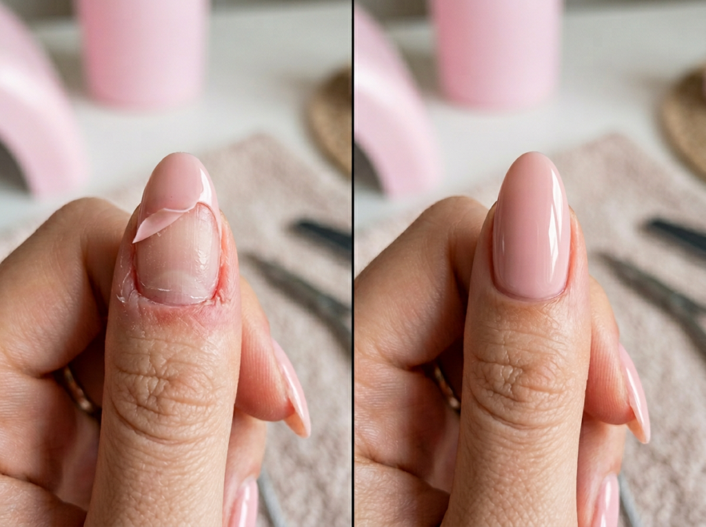 comparación de gel levantándose por humedad vs gel perfectamente adherido con preparación correcta