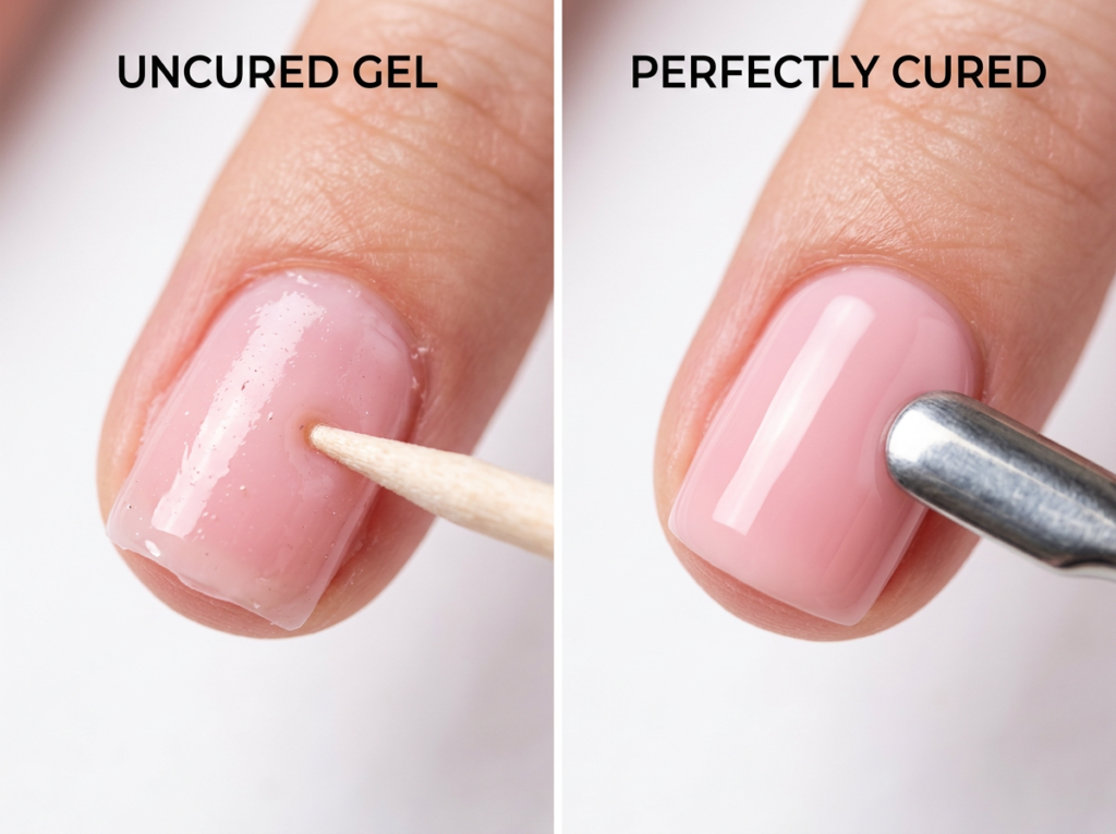 comparación de gel con curado incompleto vs gel correctamente curado con lámpara de potencia suficiente