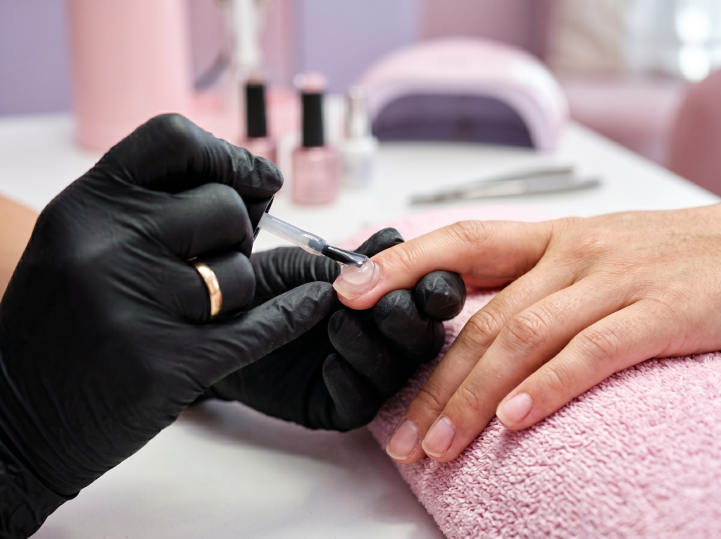 aplicación de rubber base en uña natural antes del gel de color