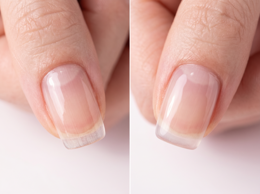comparación entre base normal de gel y rubber base mostrando diferencia de textura y flexibilidad