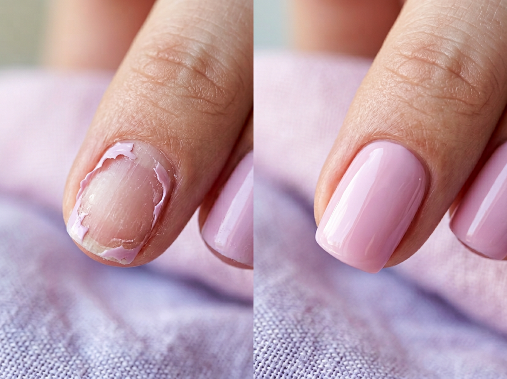 comparación de uña de gel con borde sin sellar levantándose vs uña perfectamente sellada