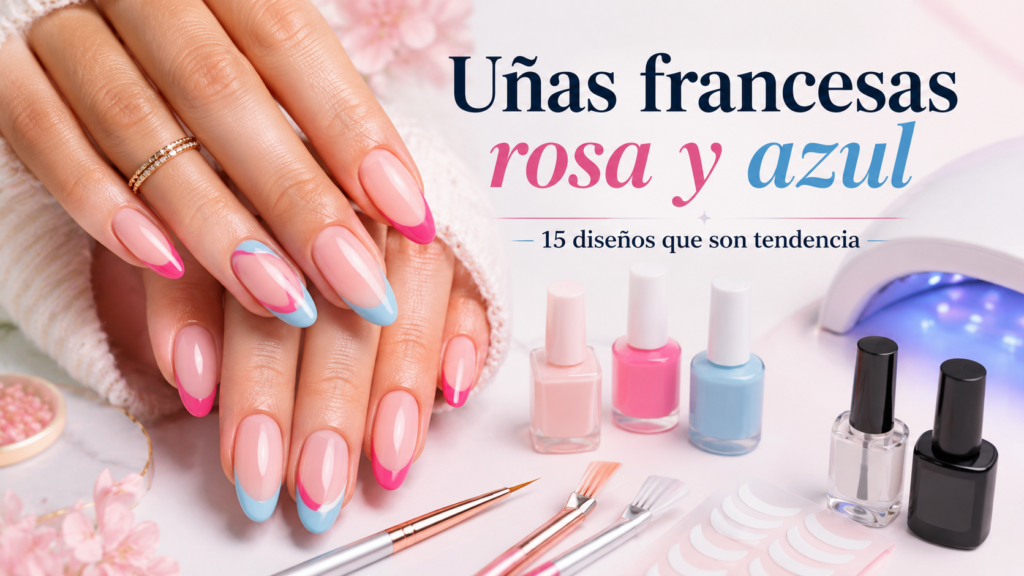 Uñas francesas rosa y azul con esmaltes y herramientas para manicura