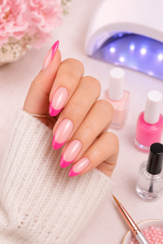 Uñas almendradas con base rosa lechosa y punta francesa rosa brillante