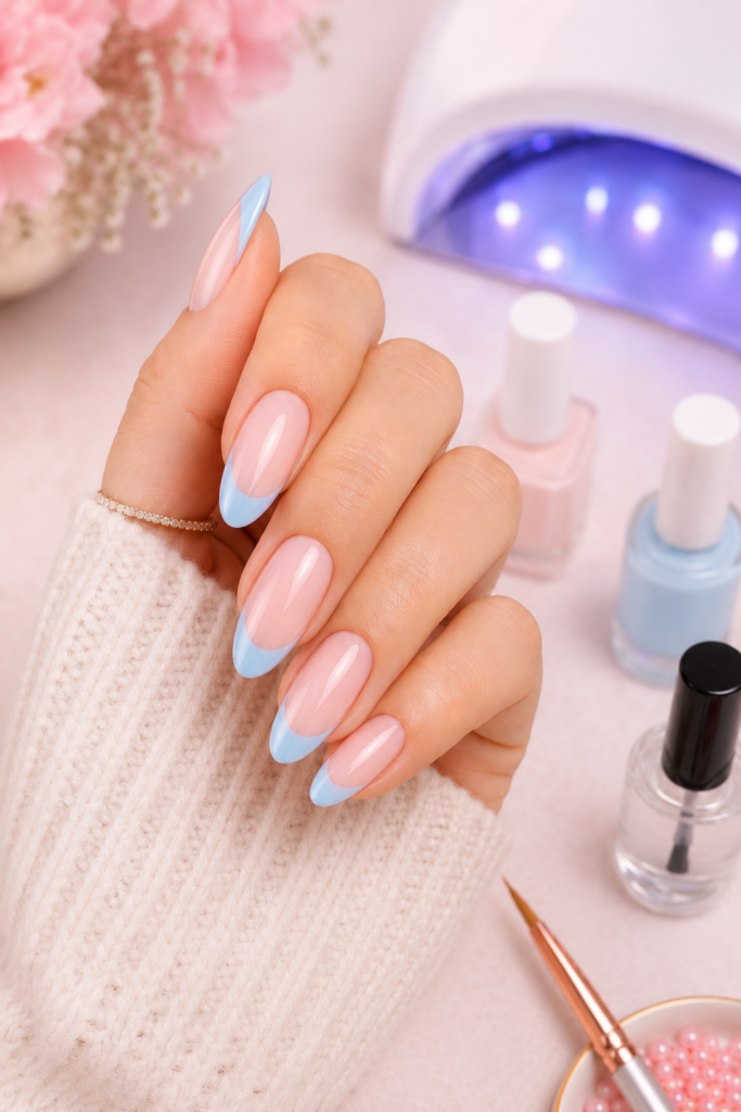 Manicura francesa azul bebé sobre uñas almendradas con base rosa translúcida