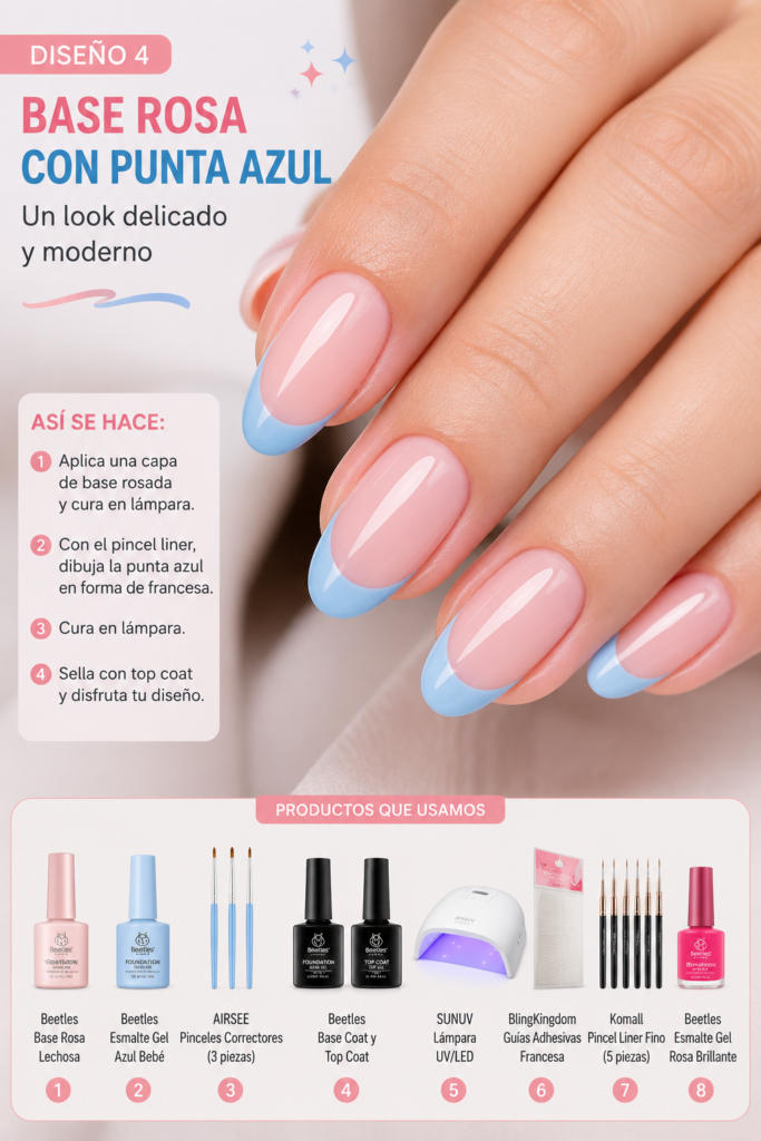 Tutorial de uñas con base rosa y punta francesa azul bebé