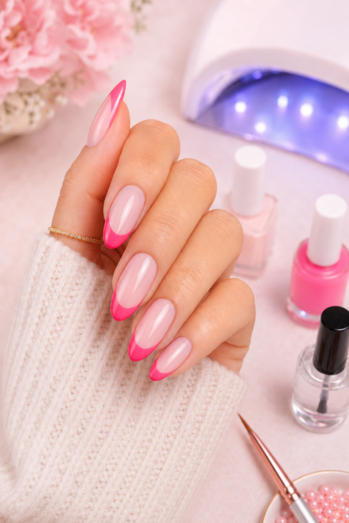 Uñas francesas rosa sobre una base rosa translúcida