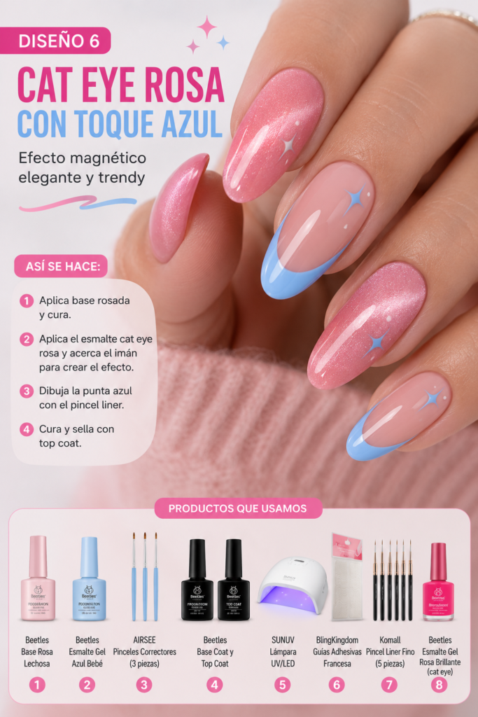 Uñas rosa cat eye con punta francesa azul bebé