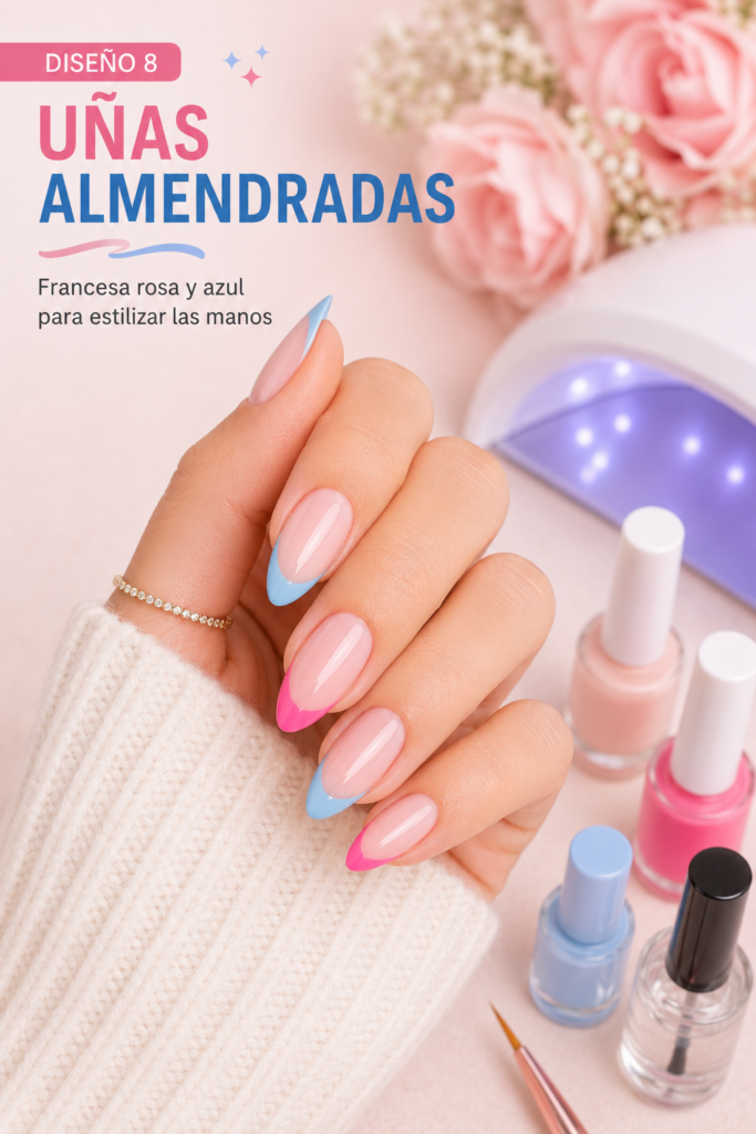 Uñas cortas cuadradas con puntas francesas rosa y azul
