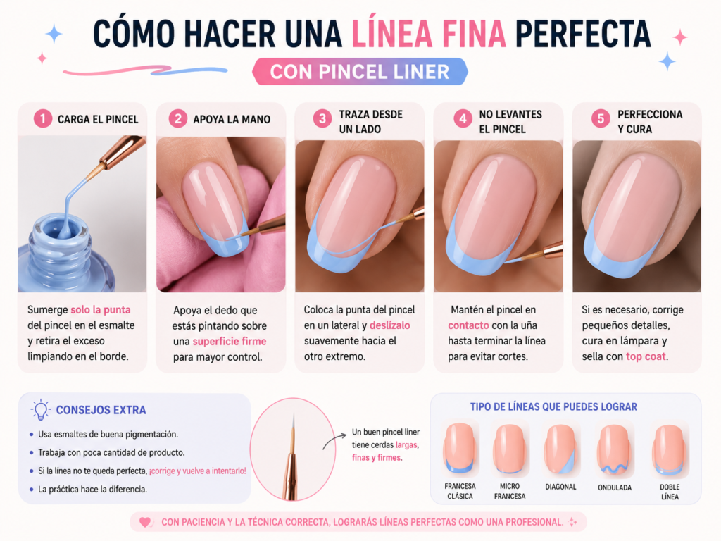 Guía paso a paso para dibujar una línea francesa fina con pincel liner