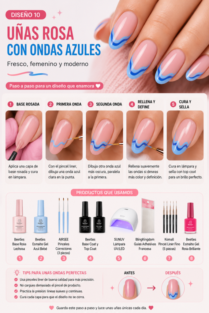 Tutorial de uñas rosa con ondas azules en la punta