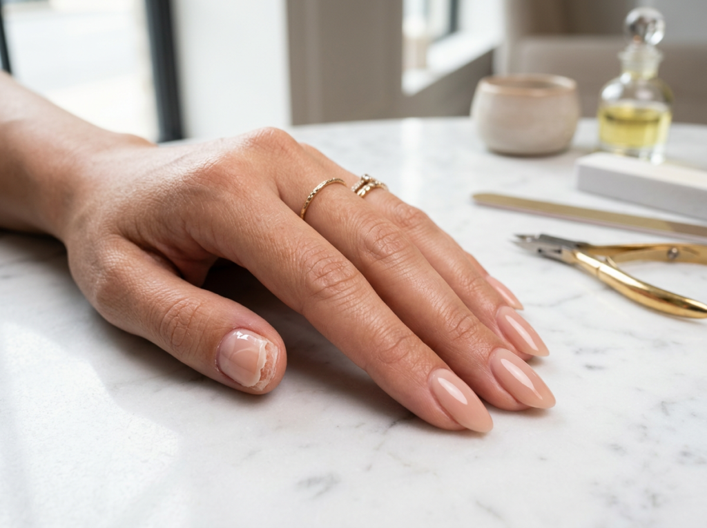 Manicura en gel de estilo editorial en un salón de belleza de lujo
