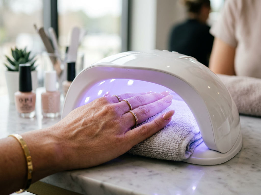 Manicurista profesional aplicando gel en un salón de manicura de lujo