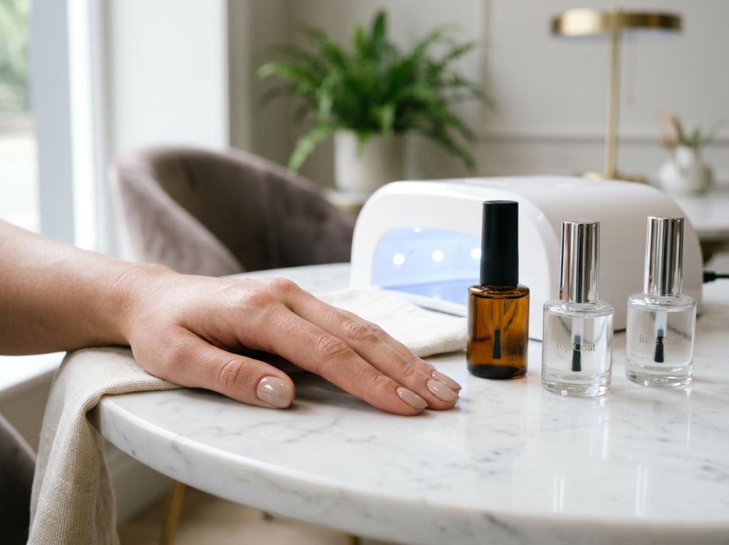 Estación de trabajo profesional para manicura en gel con acabado editorial