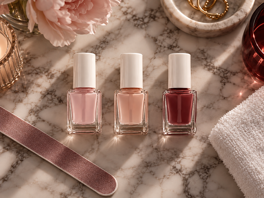 Comparación de tres fortalecedores de uñas sobre mesa de manicura