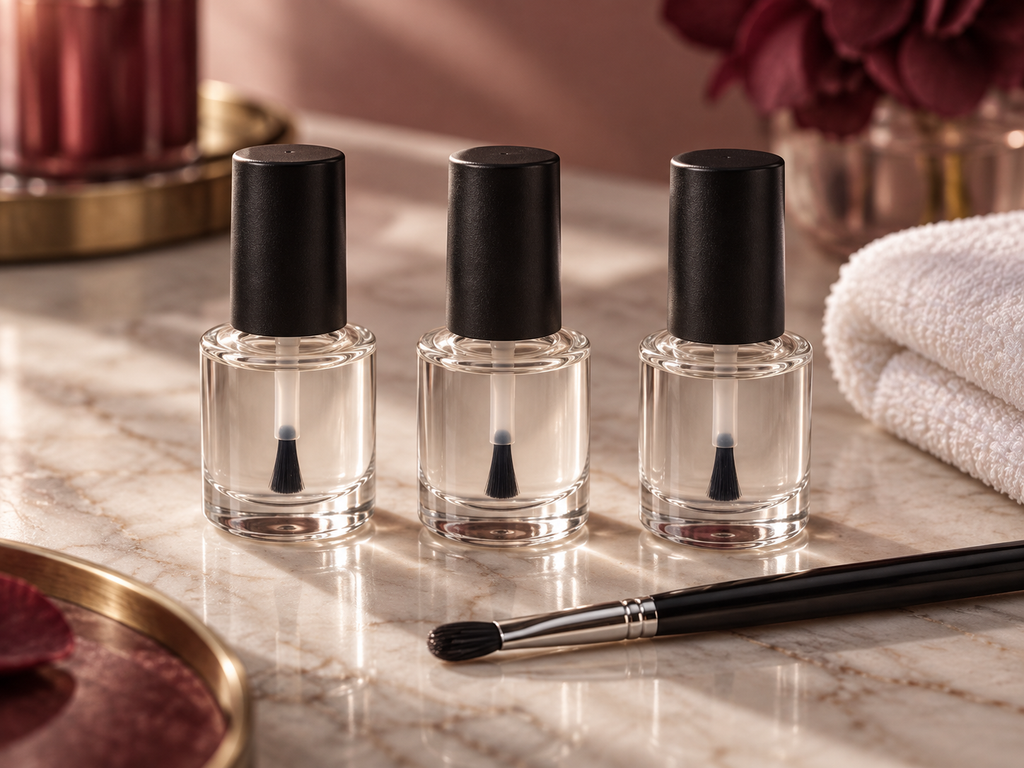 Comparación de tres tipos de base para uñas de gel sobre mesa de manicura