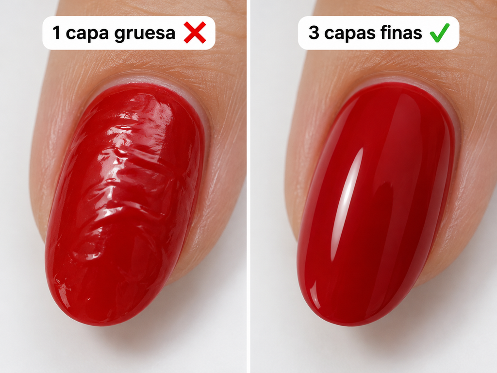 comparación entre capa gruesa de gel arrugada y capas finas lisas